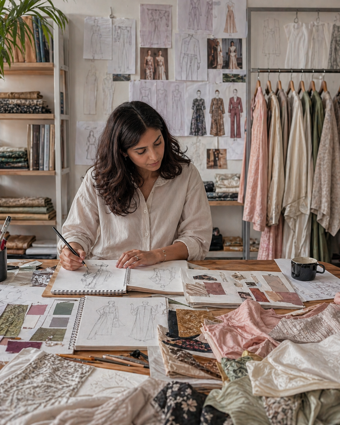 Elrare designer sketching silhouettes with fabric swatches and mood boards