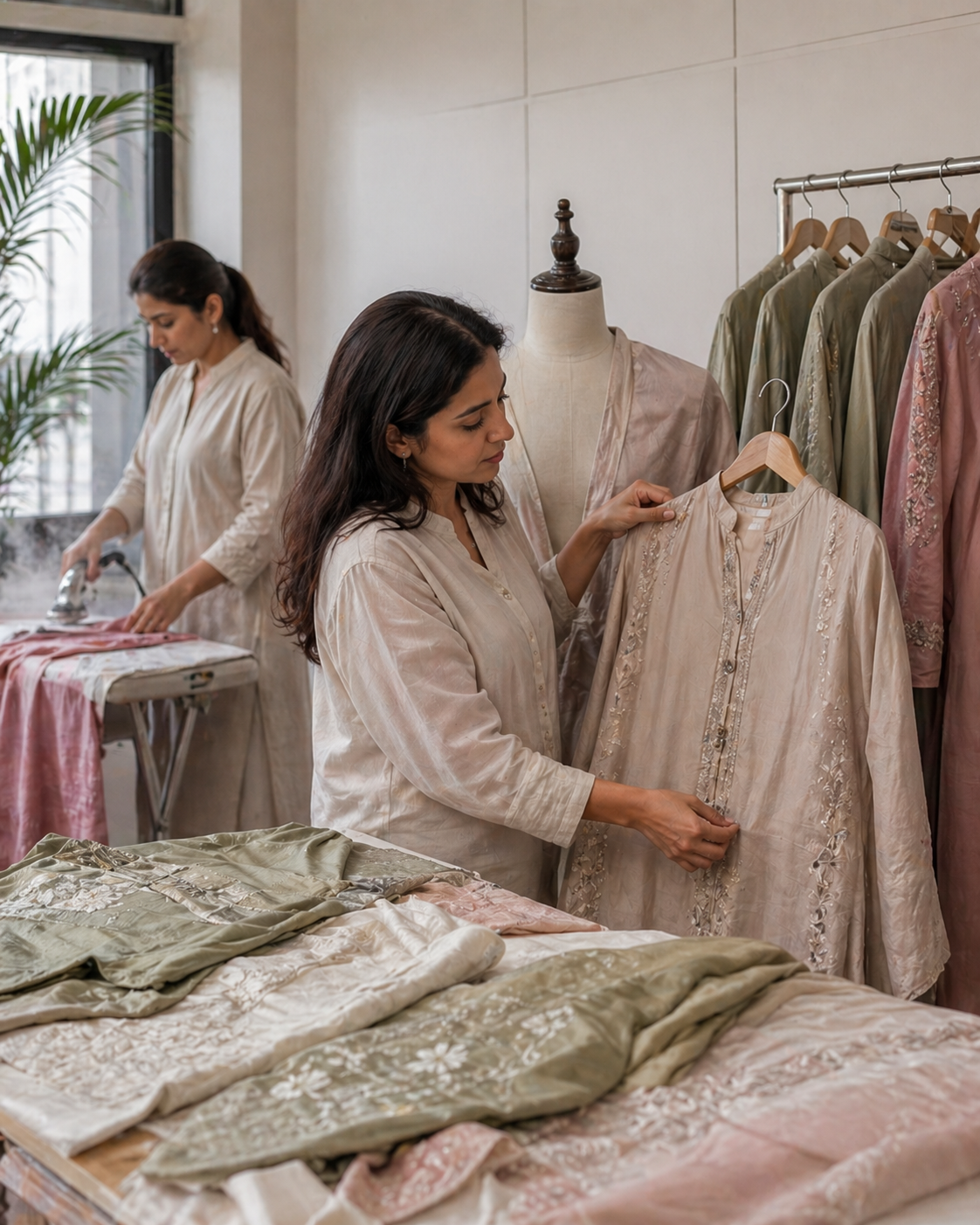 Elrare team inspecting and steaming finished garments before dispatch