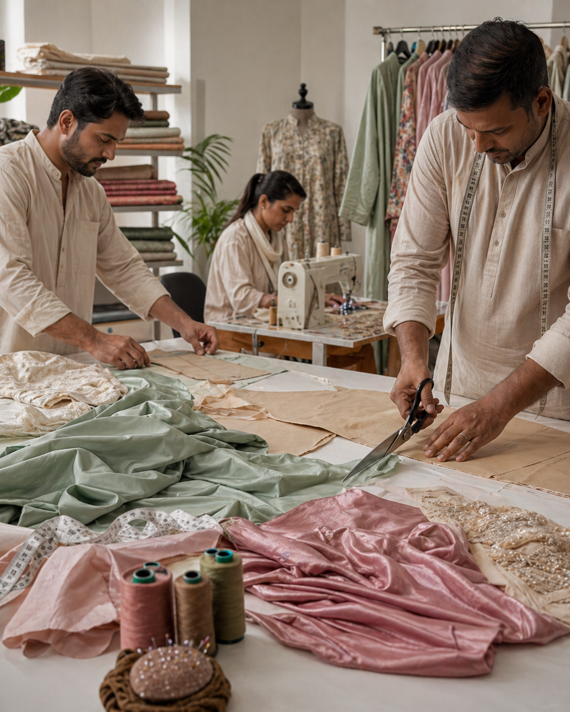 Elrare tailoring team cutting and stitching fabric in the workshop
