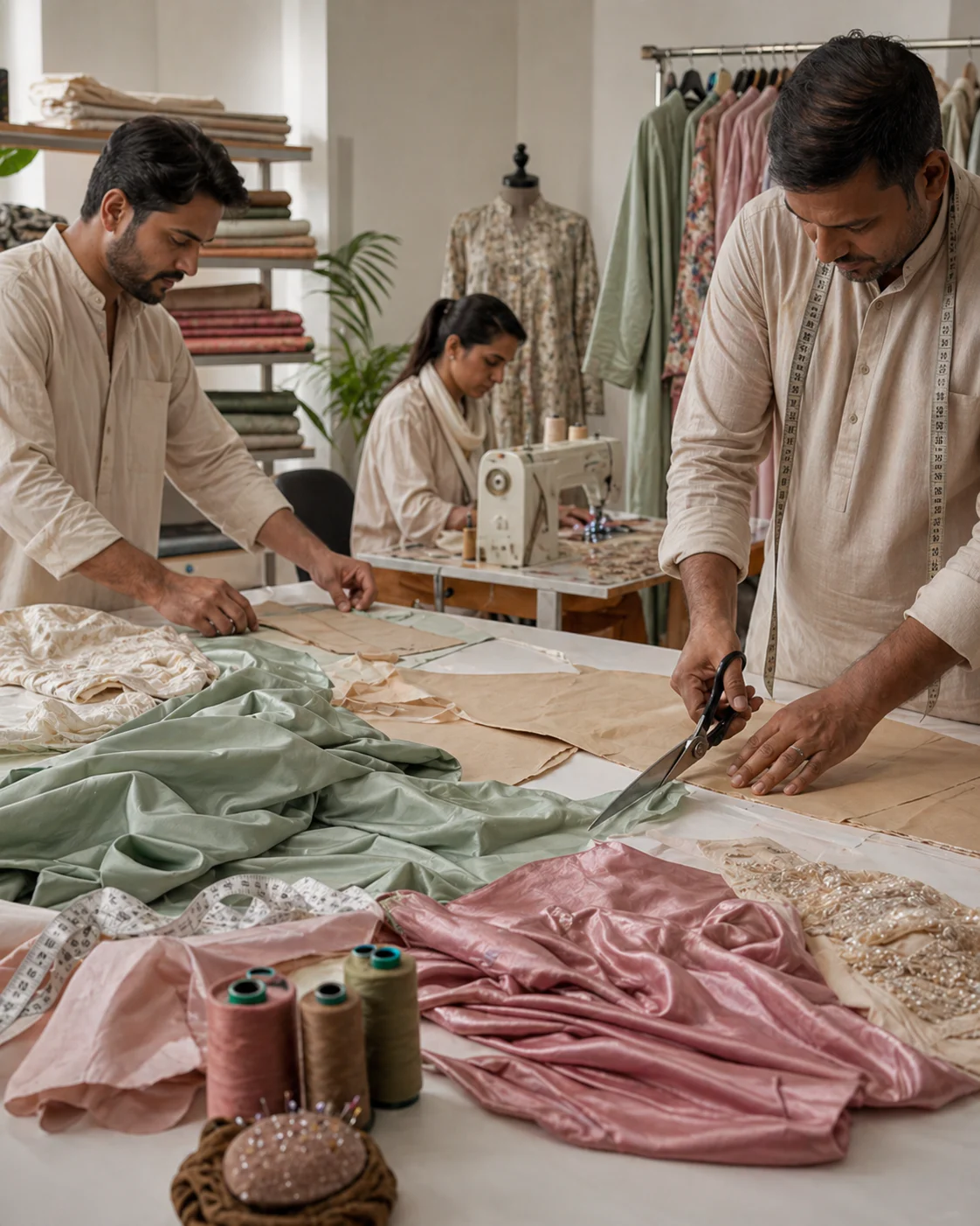 Elrare tailoring team cutting and stitching fabric in the workshop