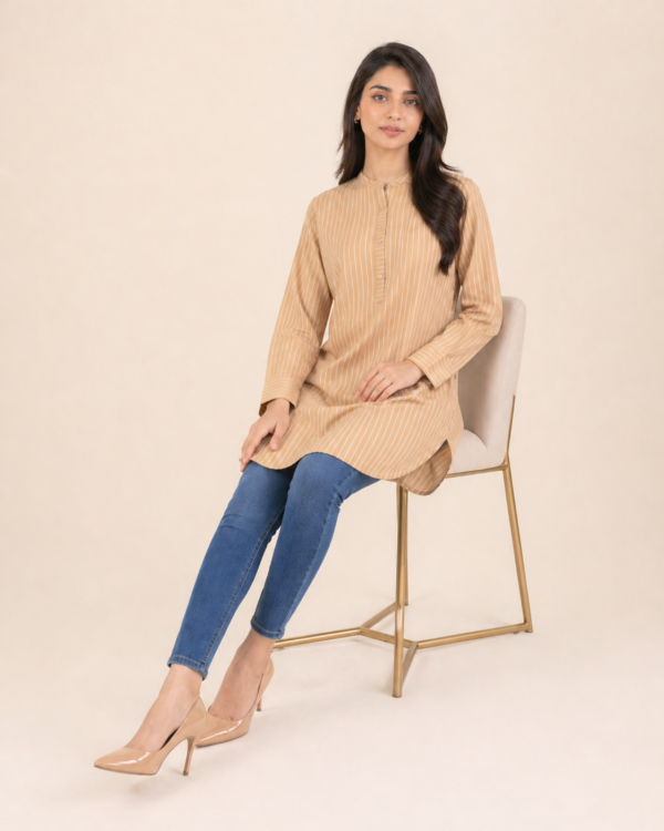 elrare beige stripe zip tunic seated