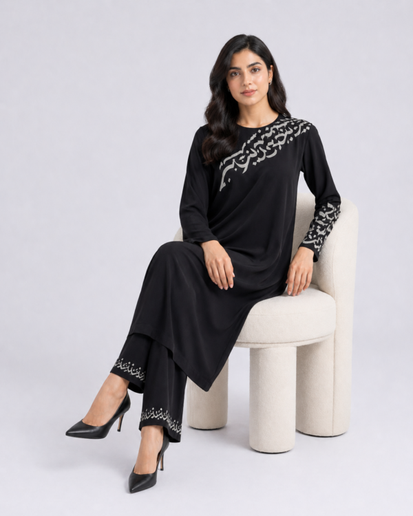 elrare black chain embroidery coords seated