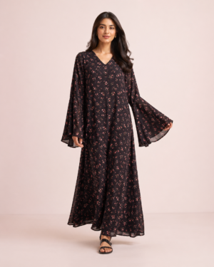 elrare black ditsy floral kaftan front view