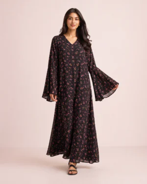 elrare black ditsy floral kaftan front view