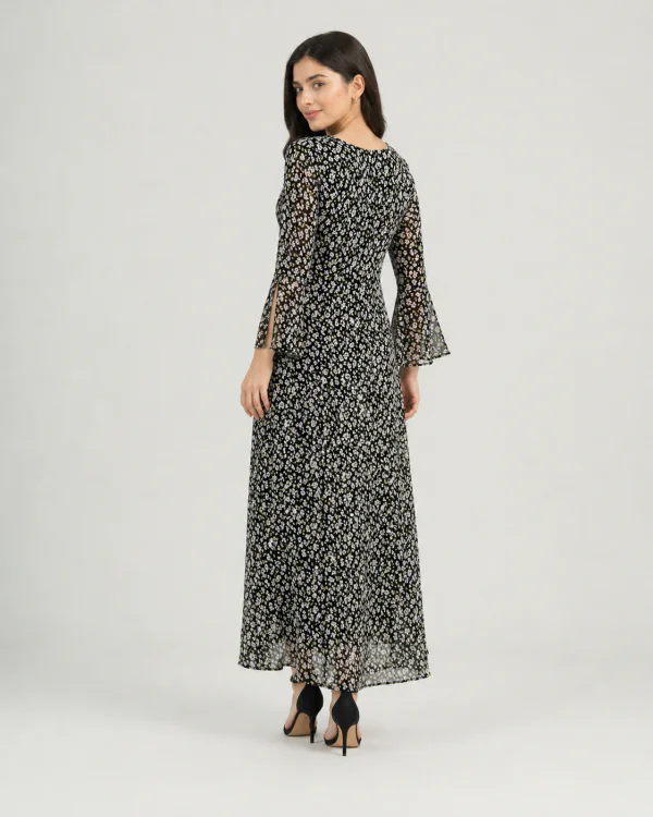elrare black ditsy floral maxi dress back view