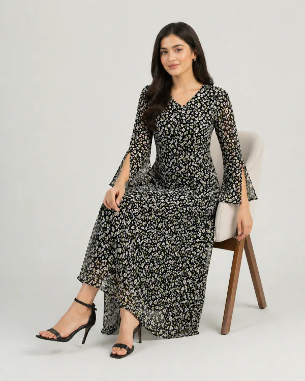 elrare black ditsy floral maxi dress seated