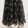 elrare black floral chiffon maxi dress hem closeup