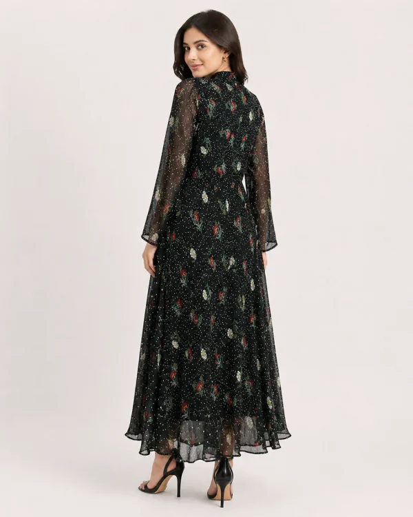 elrare black floral chiffon maxi dress side view