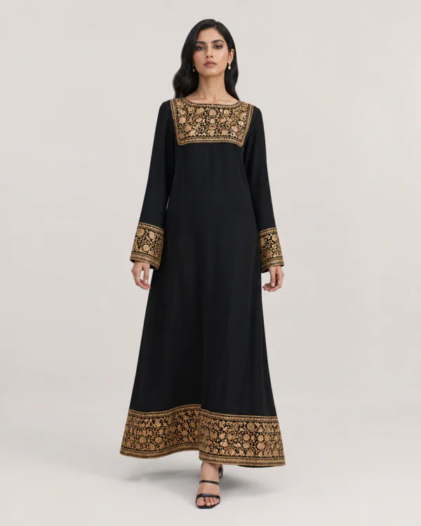 elrare black gold embroidered event maxi dress front view