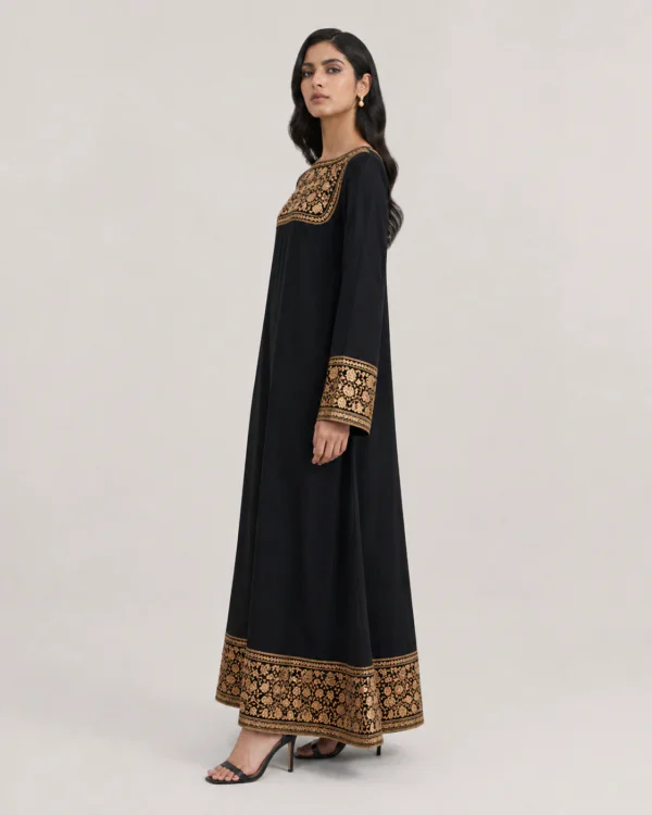 elrare black gold embroidered event maxi dress side view