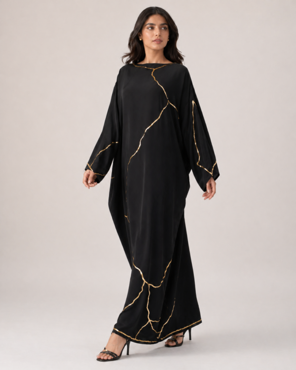 elrare black gold kintsugi maxi dress front pose