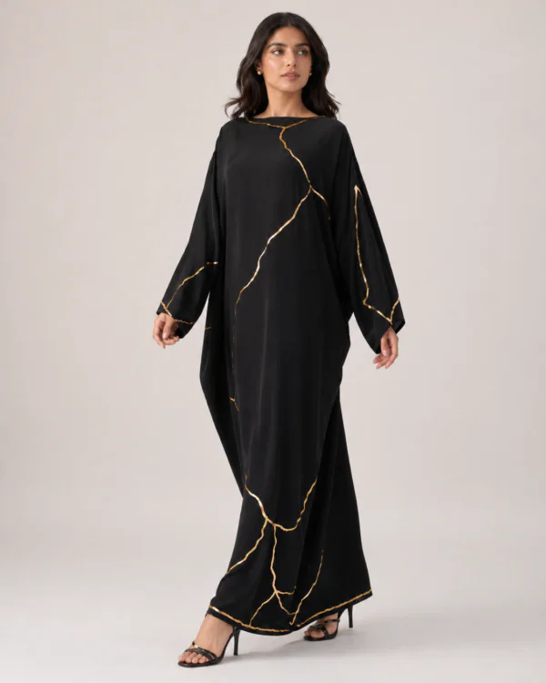 elrare black gold kintsugi maxi dress front pose