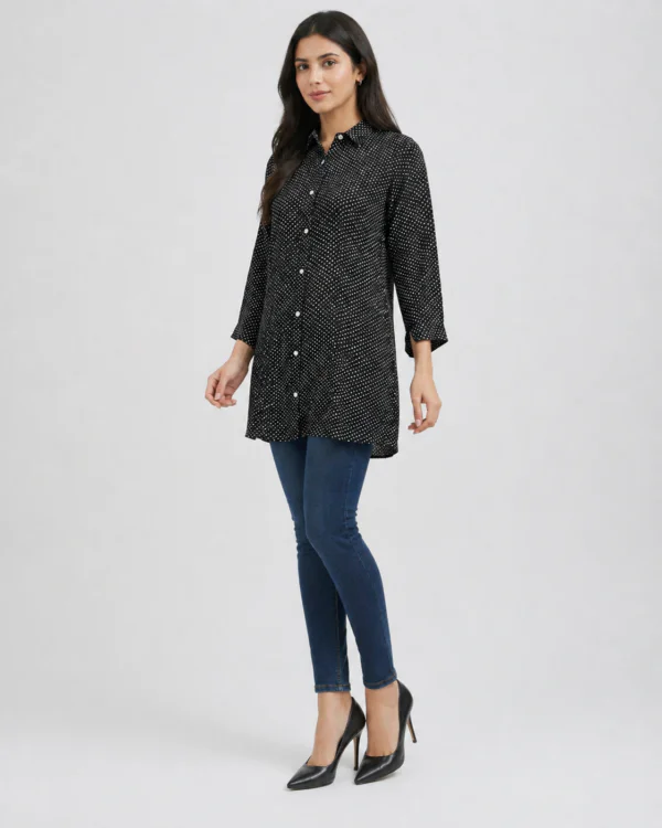 elrare black polka dot shirt tunic front pose