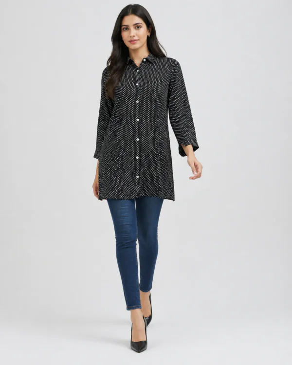 elrare black polka dot shirt tunic front view