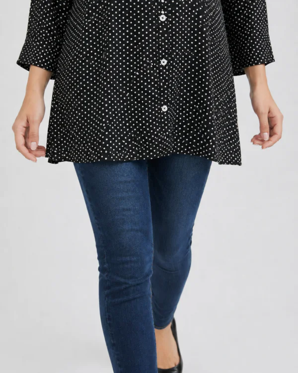 elrare black polka dot shirt tunic hem closeup
