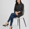 elrare black polka dot shirt tunic seated
