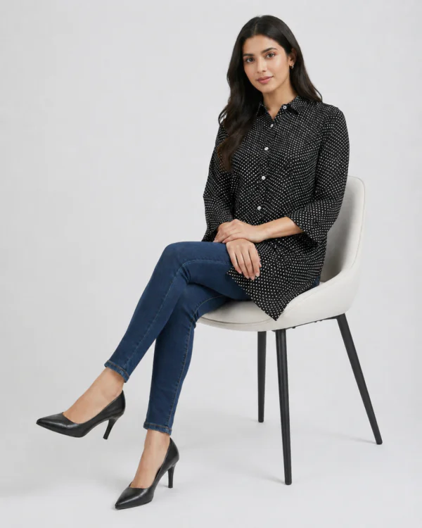 elrare black polka dot shirt tunic seated