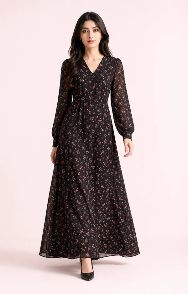 elrare black rose ditsy maxi dress front hero