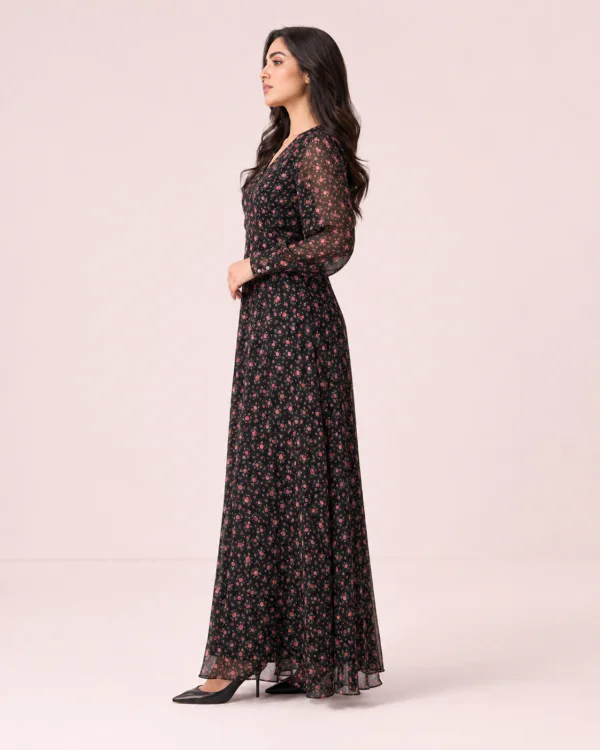 elrare black rose ditsy maxi dress side pose