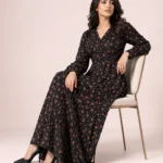 elrare black rose ditsy maxi dress sitting pose