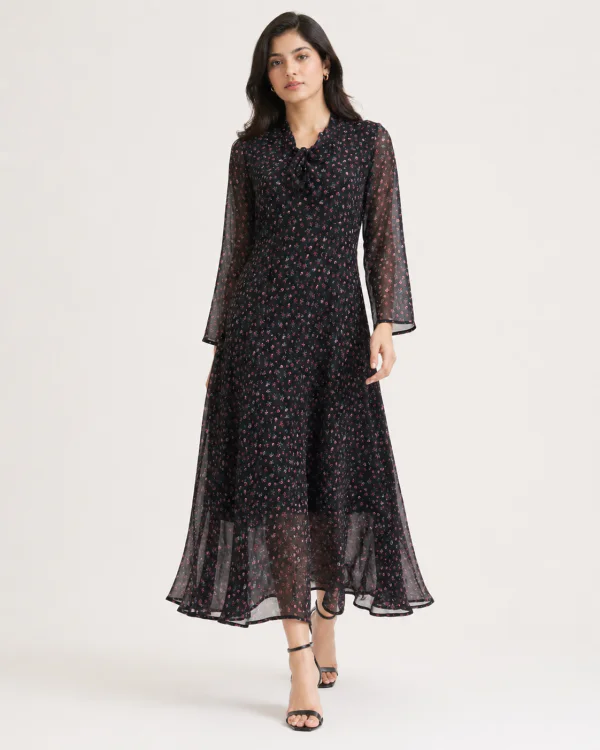 elrare black scatter floral maxi dress front view