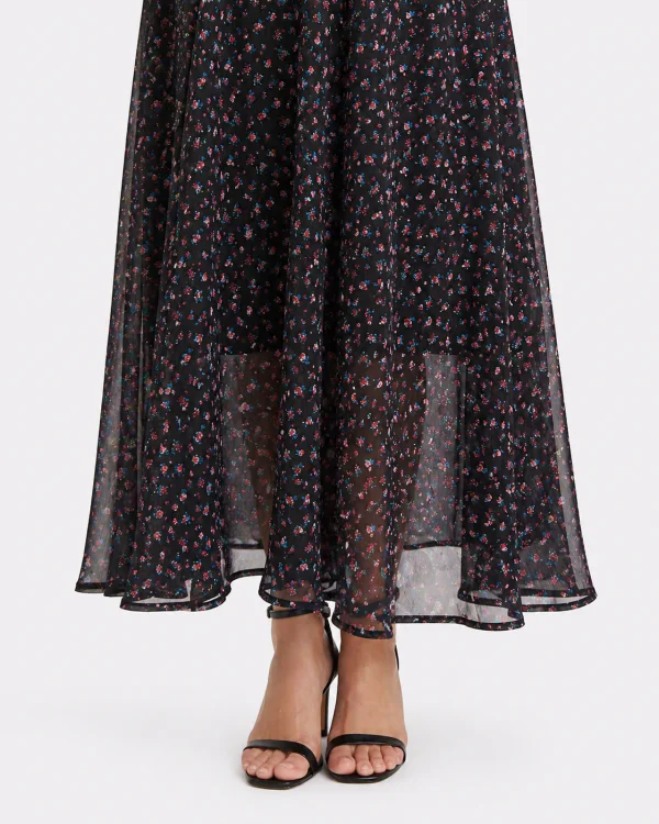 elrare black scatter floral maxi dress hem closeup