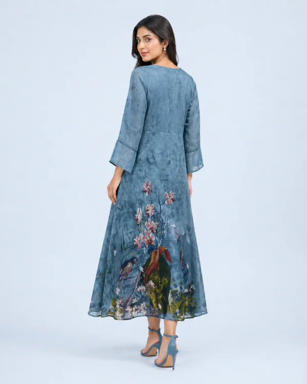 elrare blue botanical bird maxi dress back view