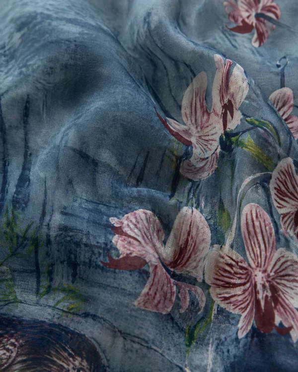 elrare blue botanical bird maxi dress fabric closeup