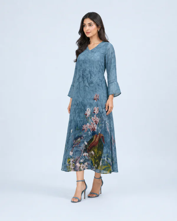 elrare blue botanical bird maxi dress front pose