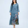 elrare blue botanical bird maxi dress front view