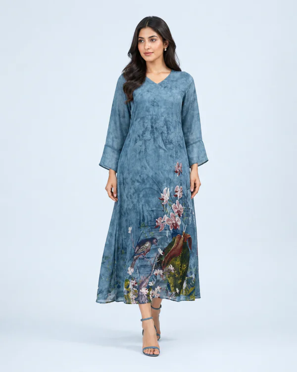 elrare blue botanical bird maxi dress front view