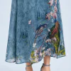 elrare blue botanical bird maxi dress hem closeup