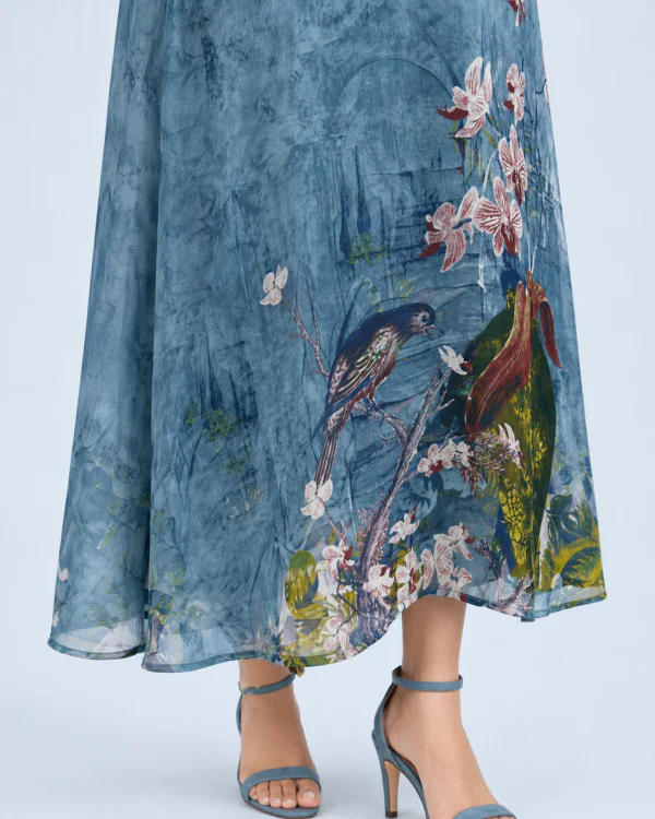 elrare blue botanical bird maxi dress hem closeup