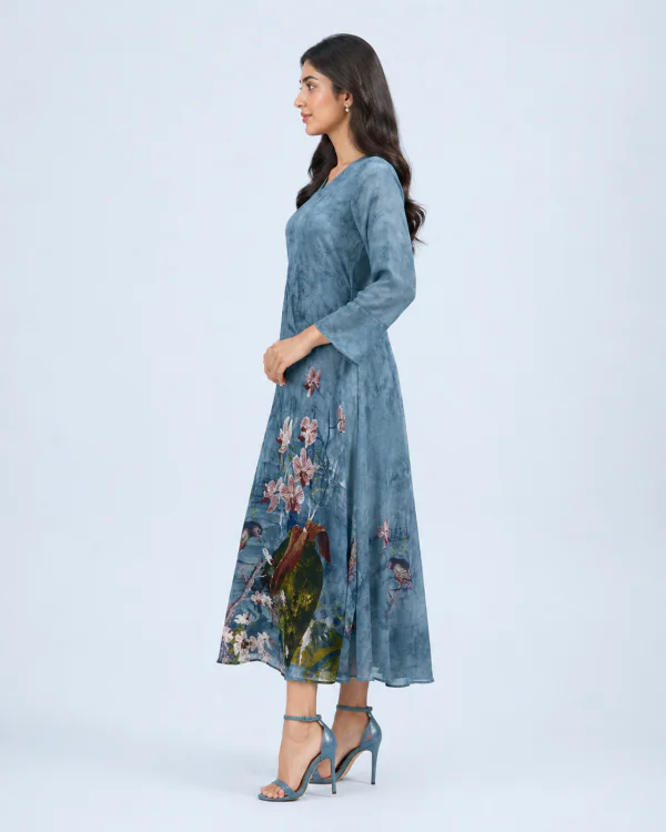 elrare blue botanical bird maxi dress side view