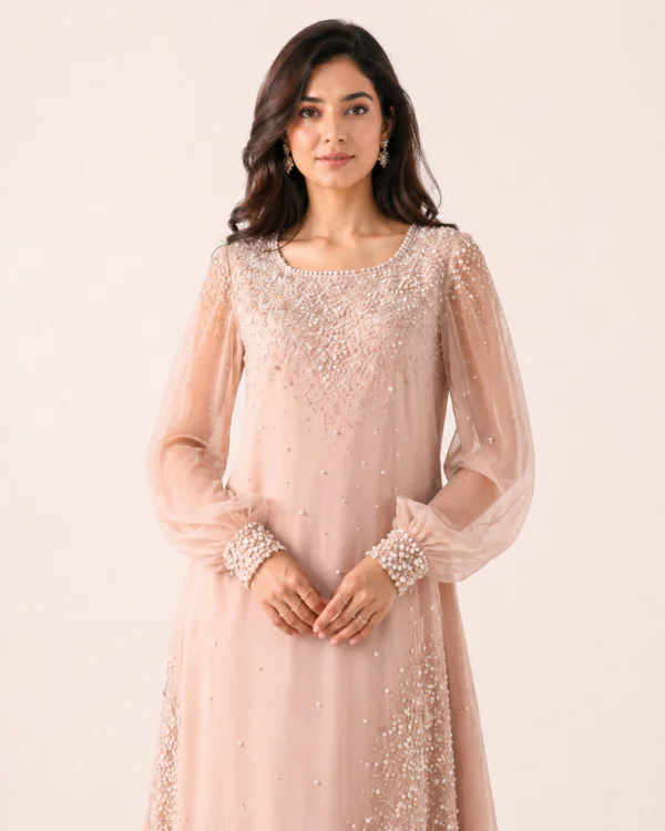 elrare blush pearl sequin maxi dress detail