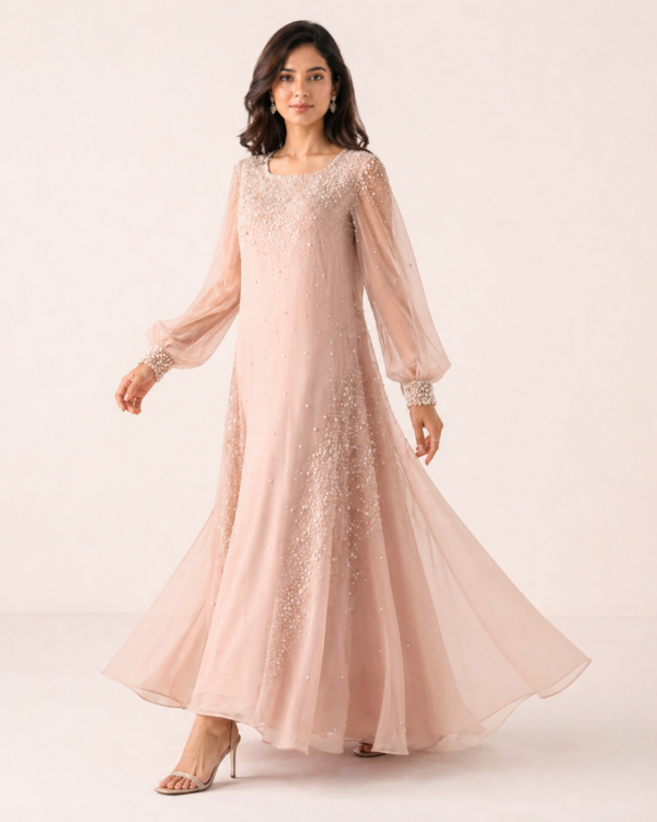 elrare blush pearl sequin maxi dress flared