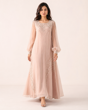 elrare blush pearl sequin maxi dress front view