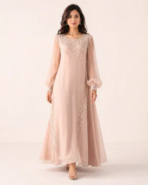 elrare blush pearl sequin maxi dress front view