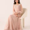 elrare blush pearl sequin maxi dress seated