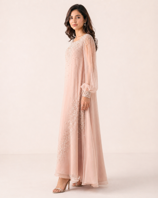 elrare blush pearl sequin maxi dress side view