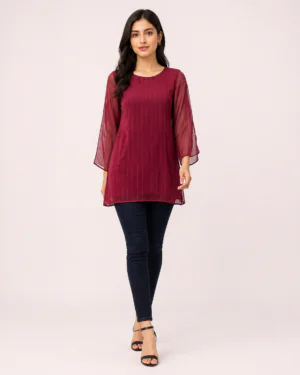 elrare burgundy pintuck flutter sleeve top front view