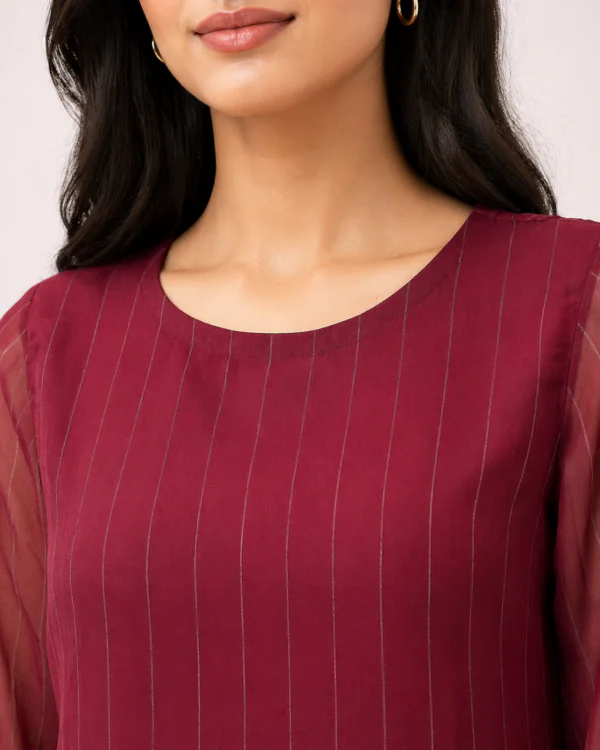 elrare burgundy pintuck flutter sleeve top neckline detail