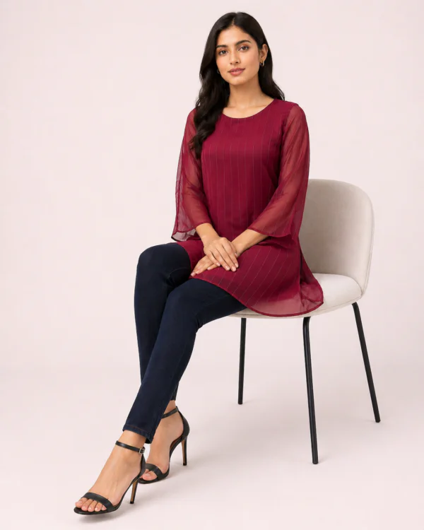 elrare burgundy pintuck flutter sleeve top seated