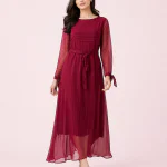 elrare burgundy pleated belted maxi dress front view