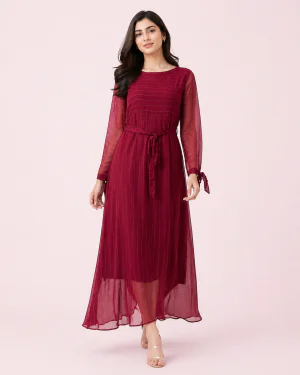 elrare burgundy pleated belted maxi dress front view