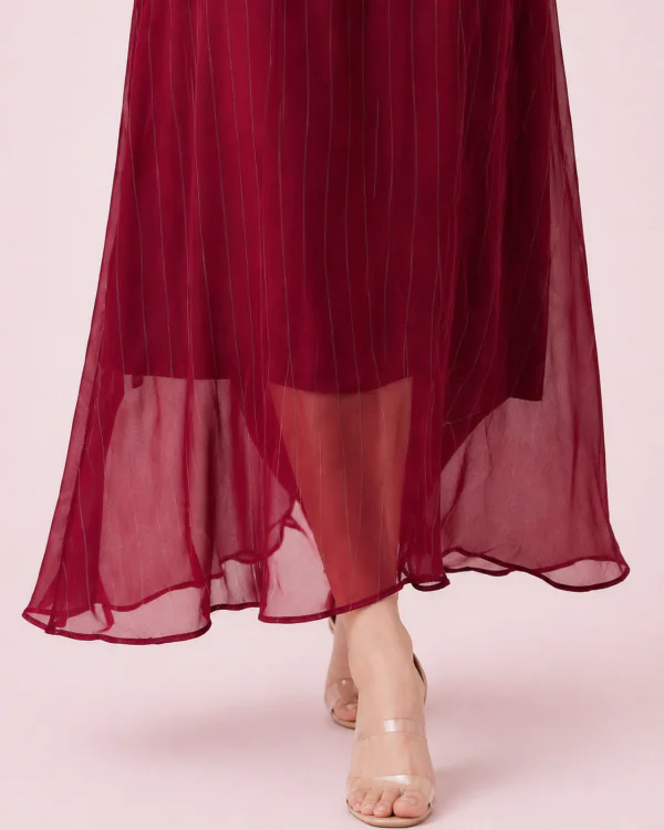 elrare burgundy pleated belted maxi dress hem closeup