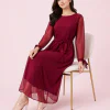 elrare burgundy pleated belted maxi dress seated