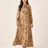 elrare camel botanical tie maxi dress front view