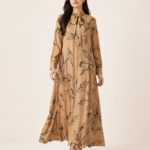 elrare camel botanical tie maxi dress front view