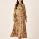 elrare camel botanical tie maxi dress front view